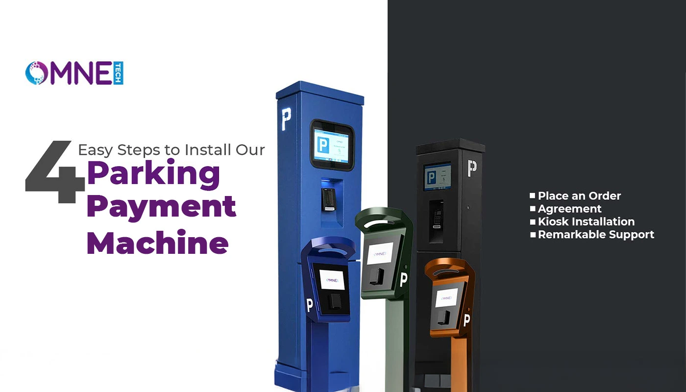 Easy steps to install our parking payment machines Four OMNE Tech parking payment machines in blue, green, black, and orange with installation steps listed.