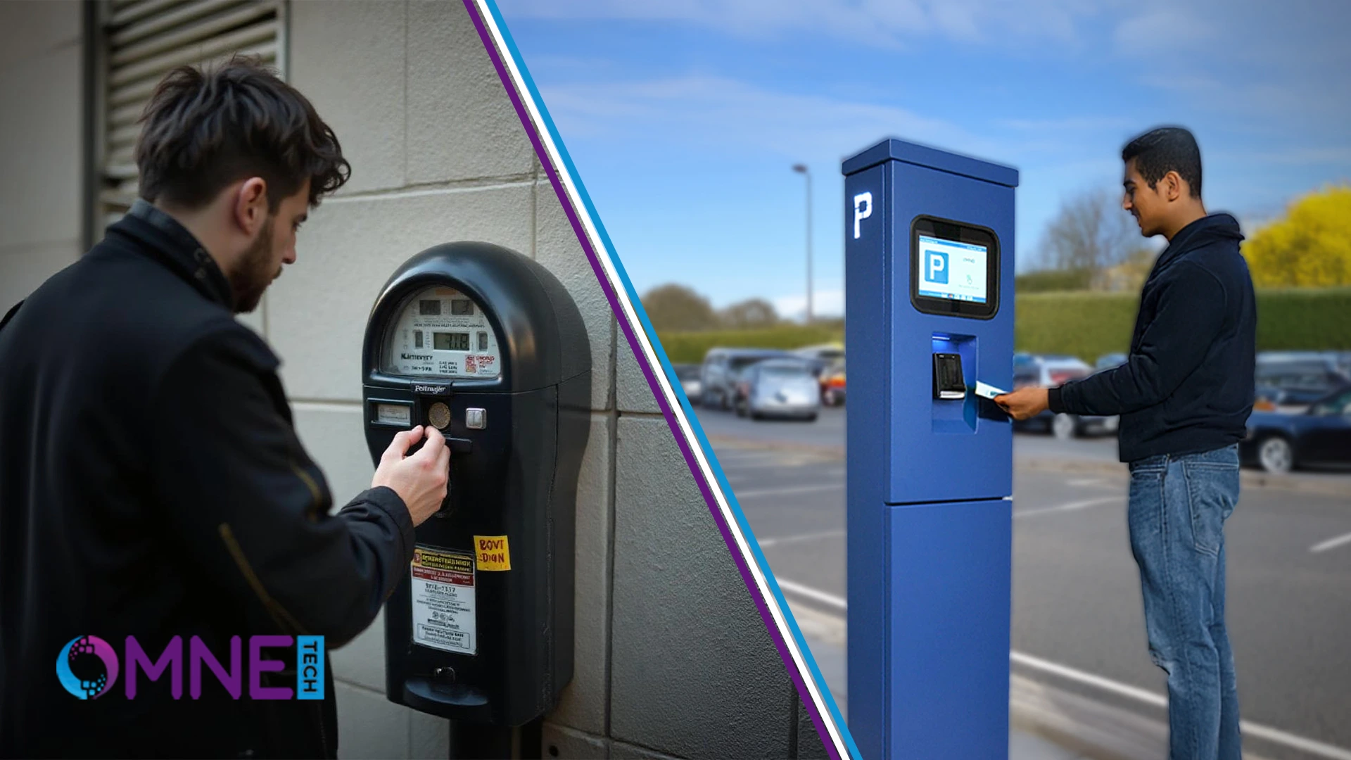 Evolution of Parking Payment Machines: From Coins to Fully Digital Split-screen image showing a man using an old coin-operated parking meter on the left and another man using a modern contactless blue parking payment machine on the right.