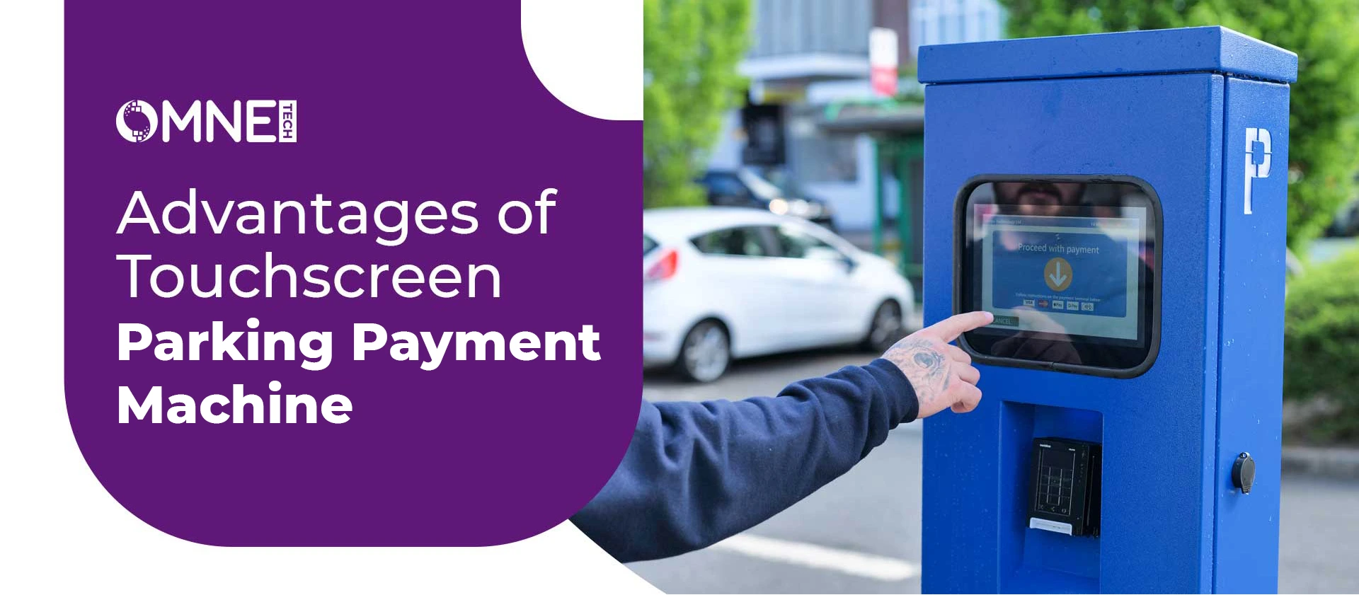 A person interacting with a blue touchscreen parking payment machine in a parking space.
