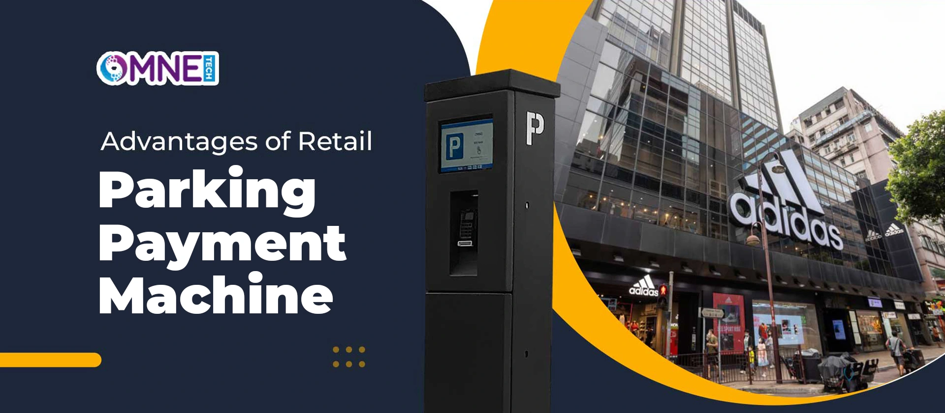 OMNE Tech black parking payment machine near a retail store