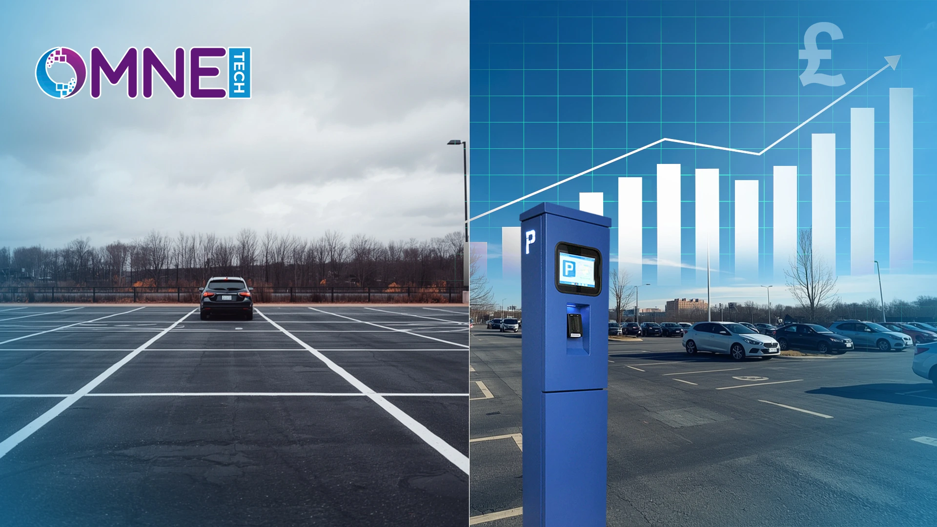 Split-screen image showing a man using an old coin-operated parking meter on the left and another man using a modern contactless blue parking payment machine on the right.
